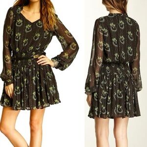 Free People Black Wild Horses Peacock Print Boho Long Sleeve Flounce Hem Dress M